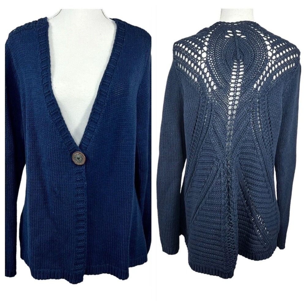 Soft Surroundings Navy Blue One-Button Cardigan Sweater Size L Crochet Back